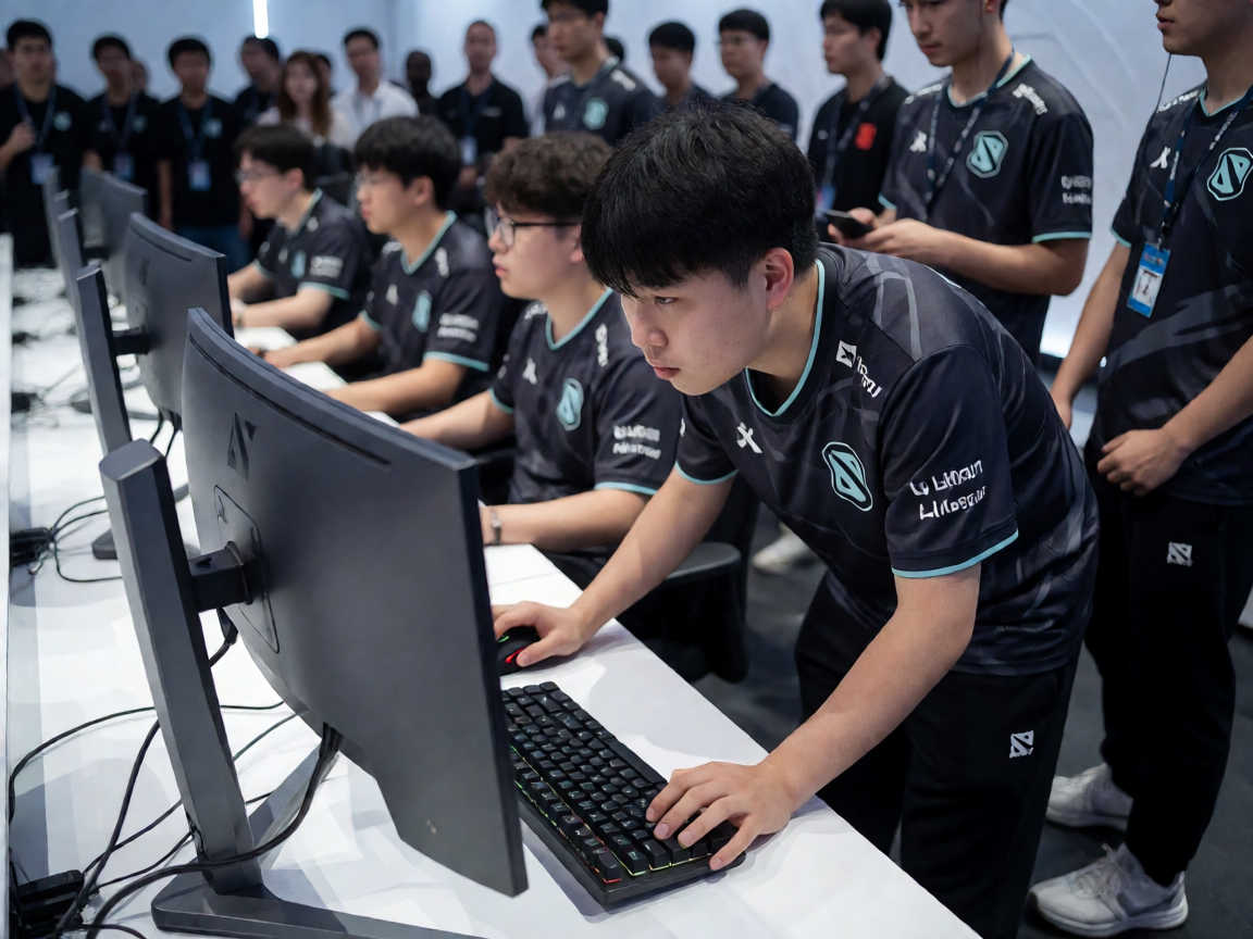 DOTA2职业联赛赛场上，选手们在比赛中激烈博弈